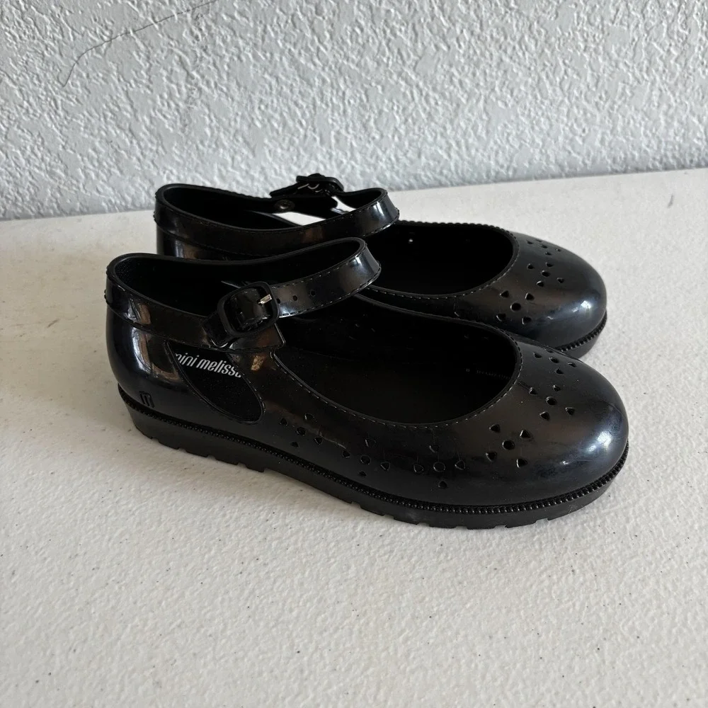 Mini Melissa Shoes Girls Size 12 Black Jelly Mary Jane Buckle Flats Casual Dress